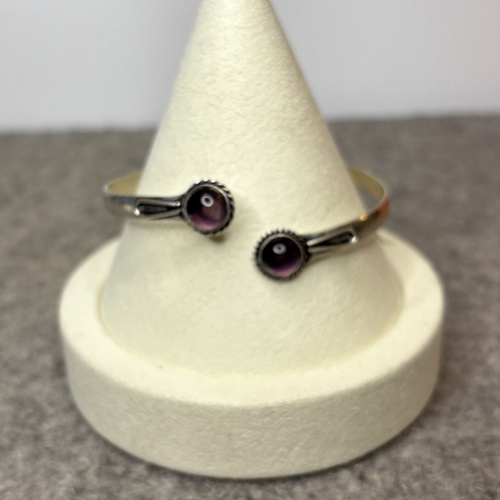 925 Sterling Silver Bypass Bangle Bracelet Burgundy Glass Cabochon 6.5" 9g Boho